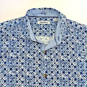 Tommy Bahama Hawaiian Shirt Button Geometric Blue Silk Men's Size M